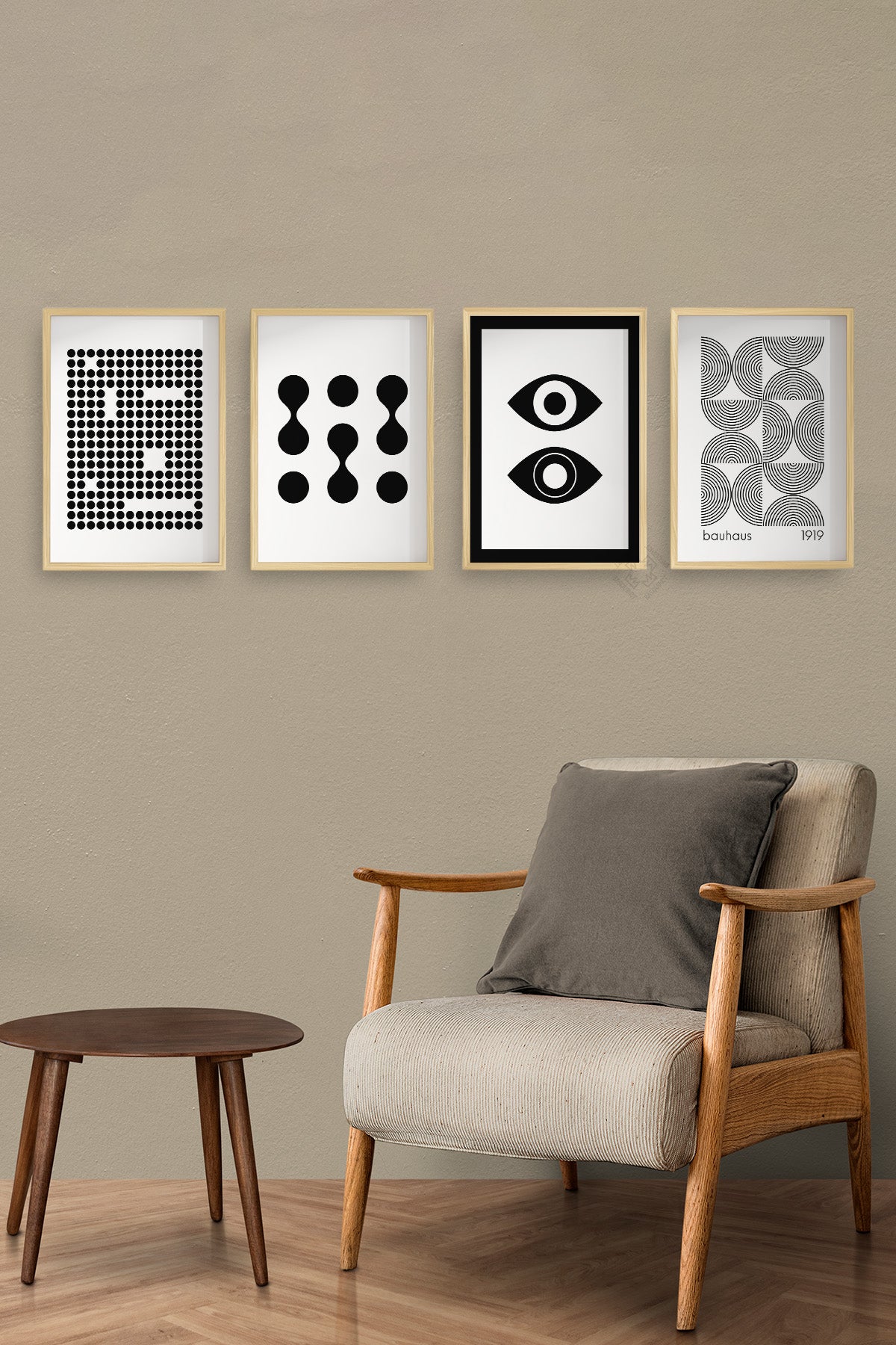 Siyah Beyaz Bauhaus 4'lü Ahşap Çerçeveli Poster, Tablo Seti No:24