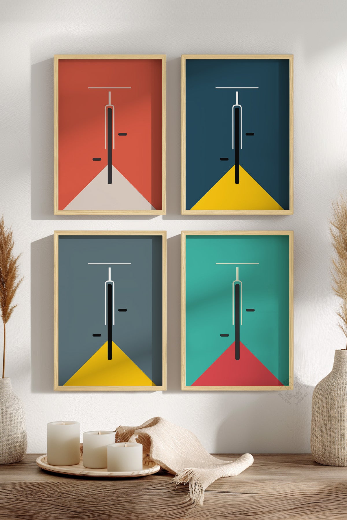 Bauhaus Minimalist 4'lü Ahşap Çerçeveli Poster, Tablo Seti No:28