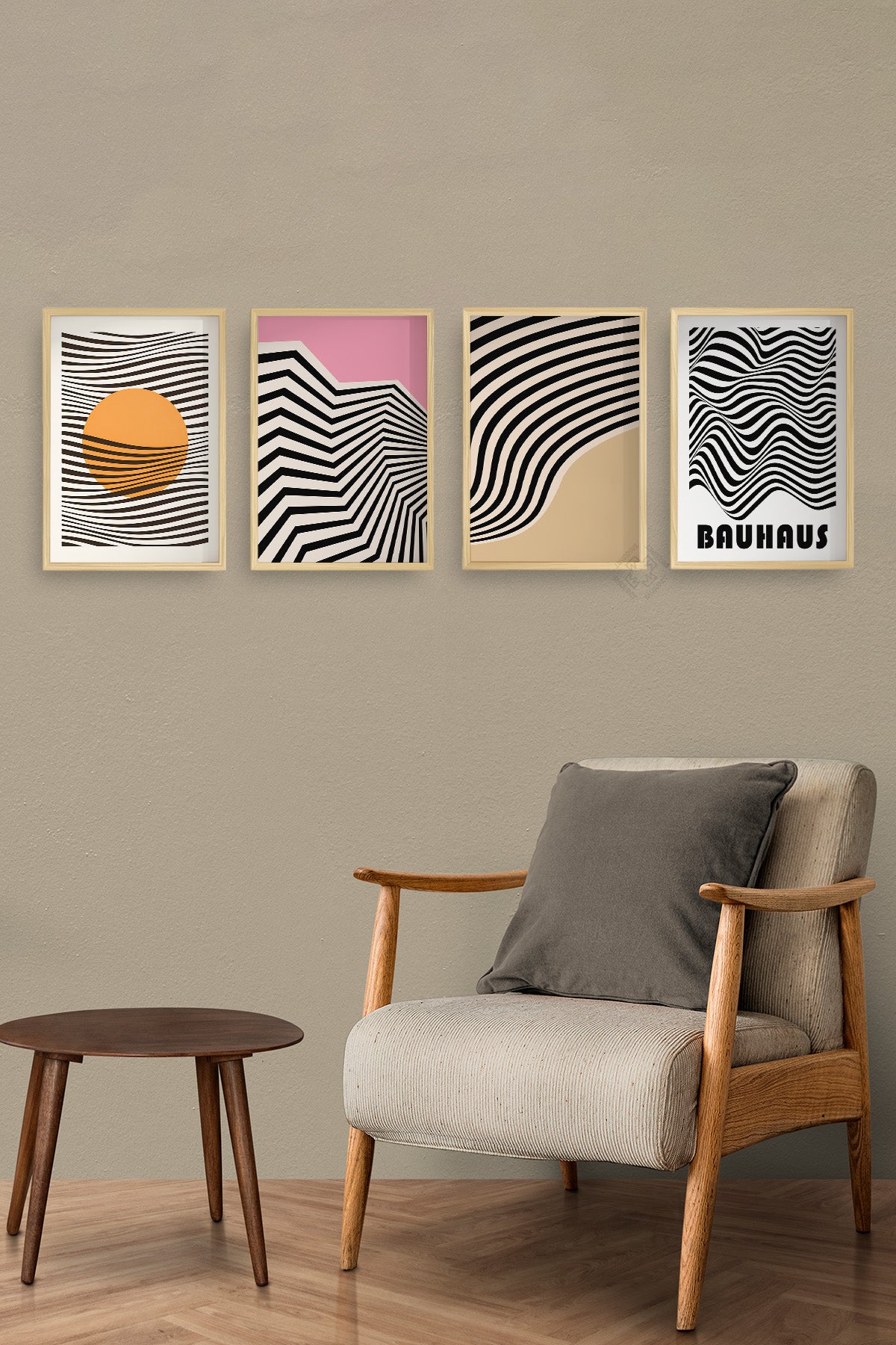 Bauhaus Minimalist 4'lü Ahşap Çerçeveli Poster, Tablo Seti No:29
