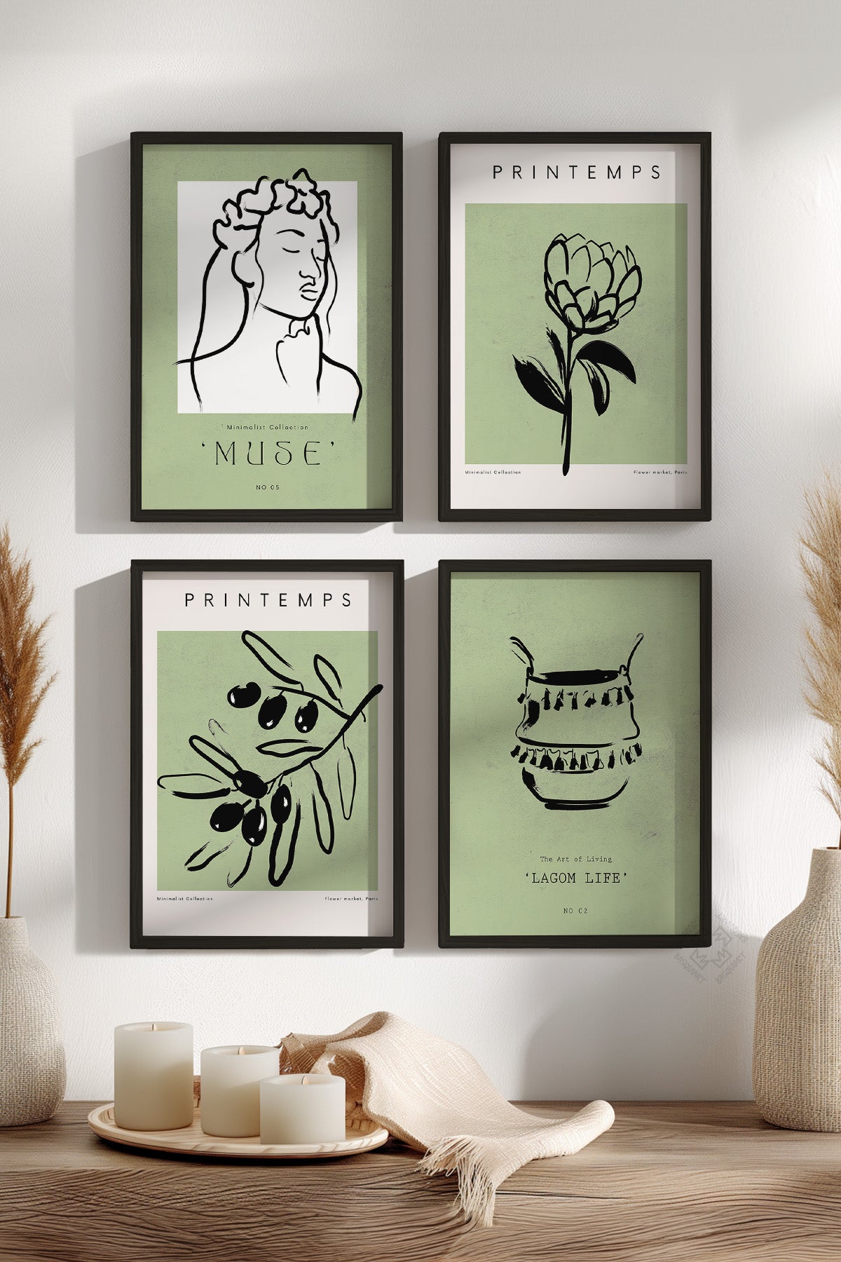 Yeşil Minimal 4'lü Siyah Çerçeveli Poster, Tablo Seti No:10