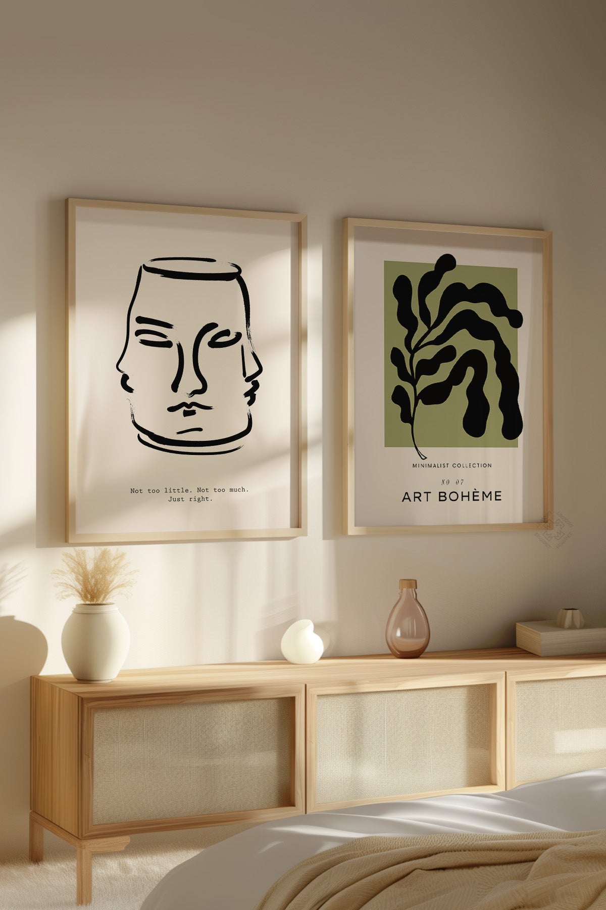 Bohem Minimalist 2'li Ahşap Çerçeveli Poster, Tablo Seti No:18