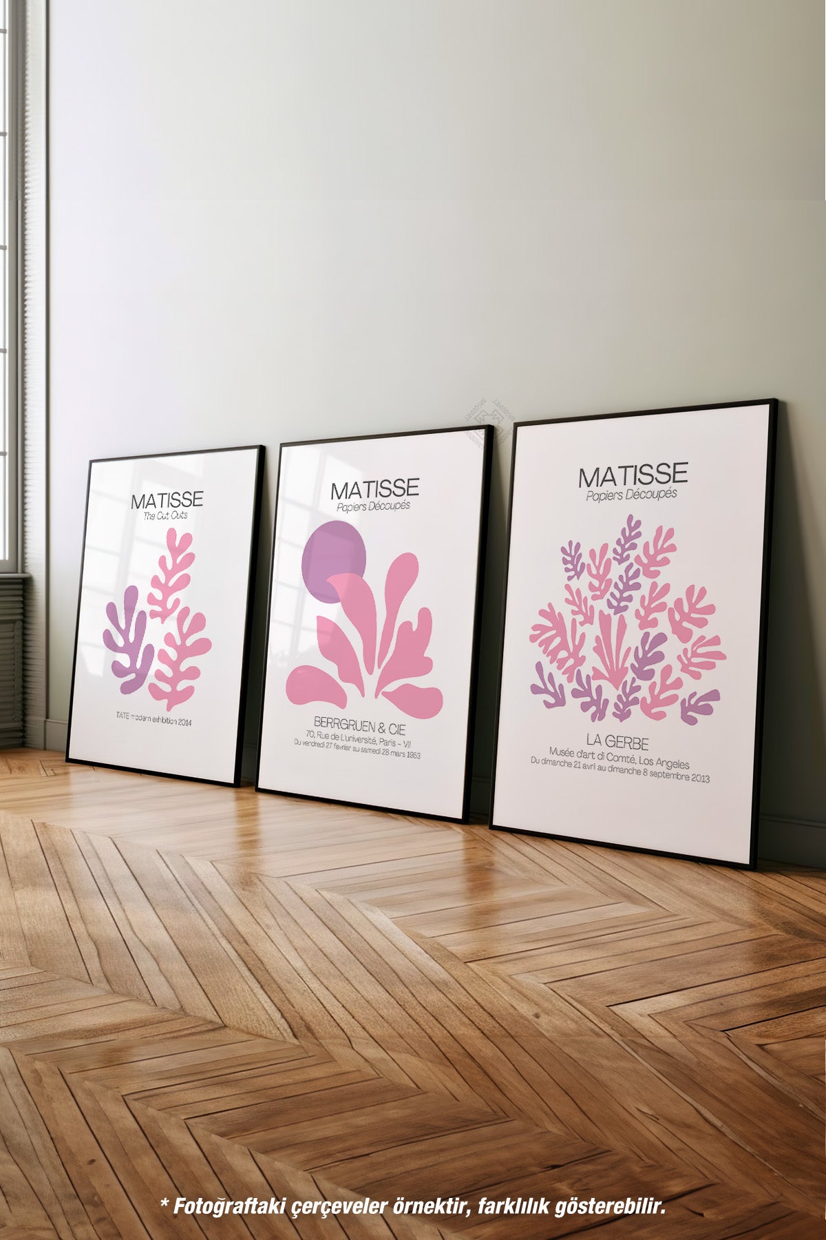 Pembe Minimal Matisse 3'lü Siyah Çerçeveli Poster, Tablo Seti No:35
