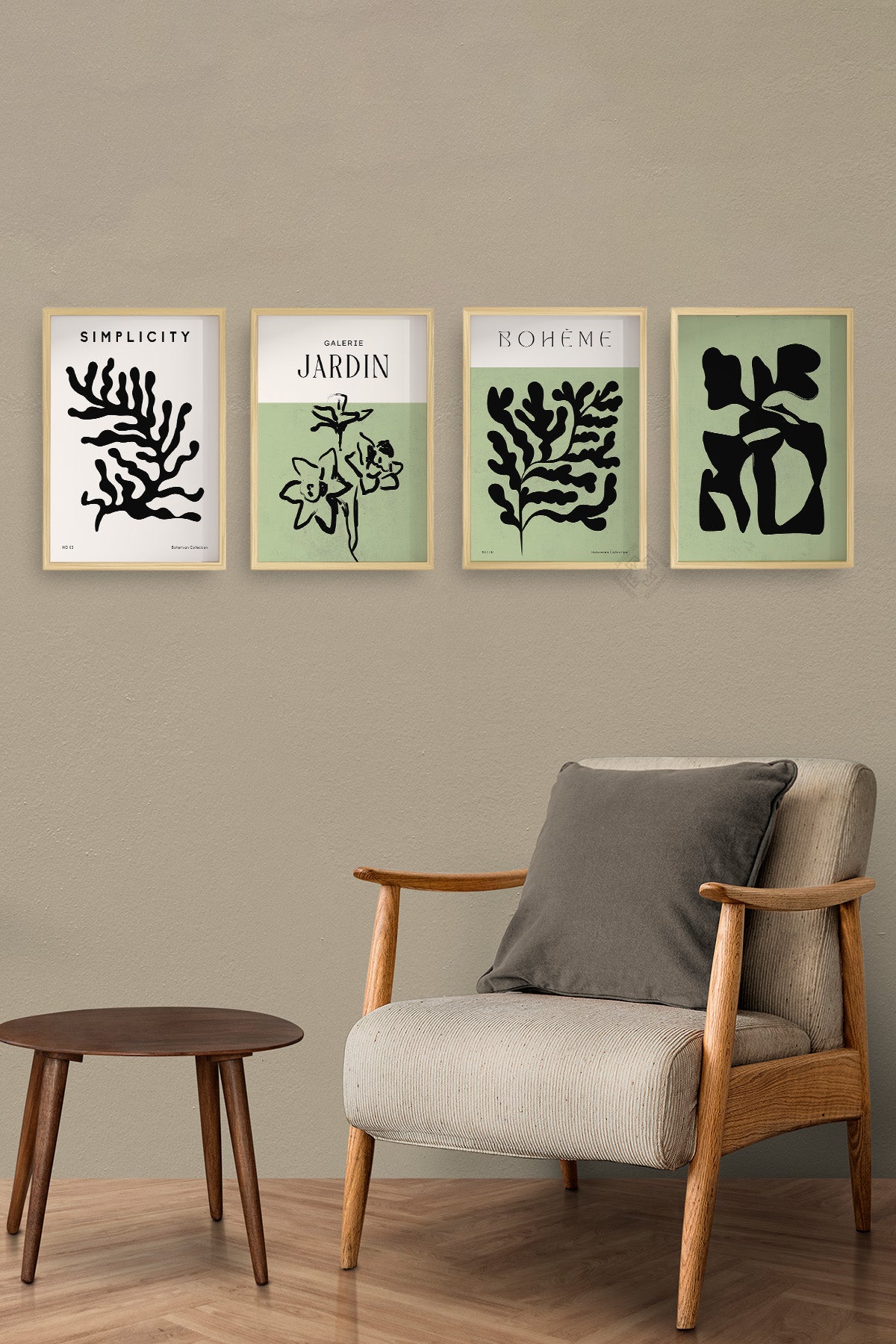 Minimalist Bohem Dekor 4'lü Ahşap Çerçeveli Poster, Tablo Seti No:9