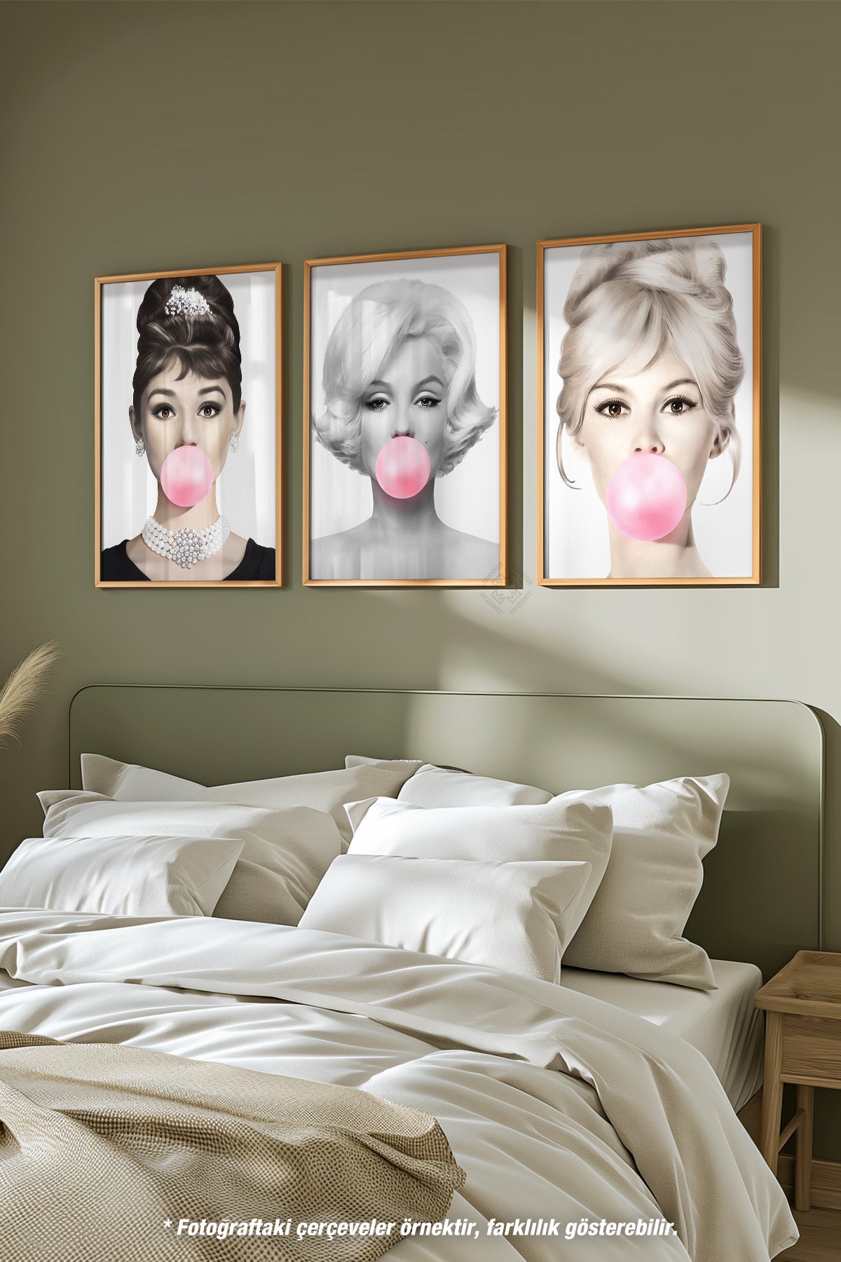 Hepburn, Monroe, Bardot 3'lü Ahşap Çerçeveli Poster, Tablo Seti No:28