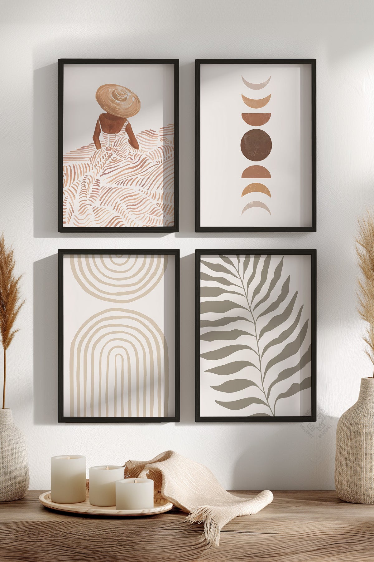 Boho Dekor 4'lü Siyah Çerçeveli Poster, Tablo Seti No:2