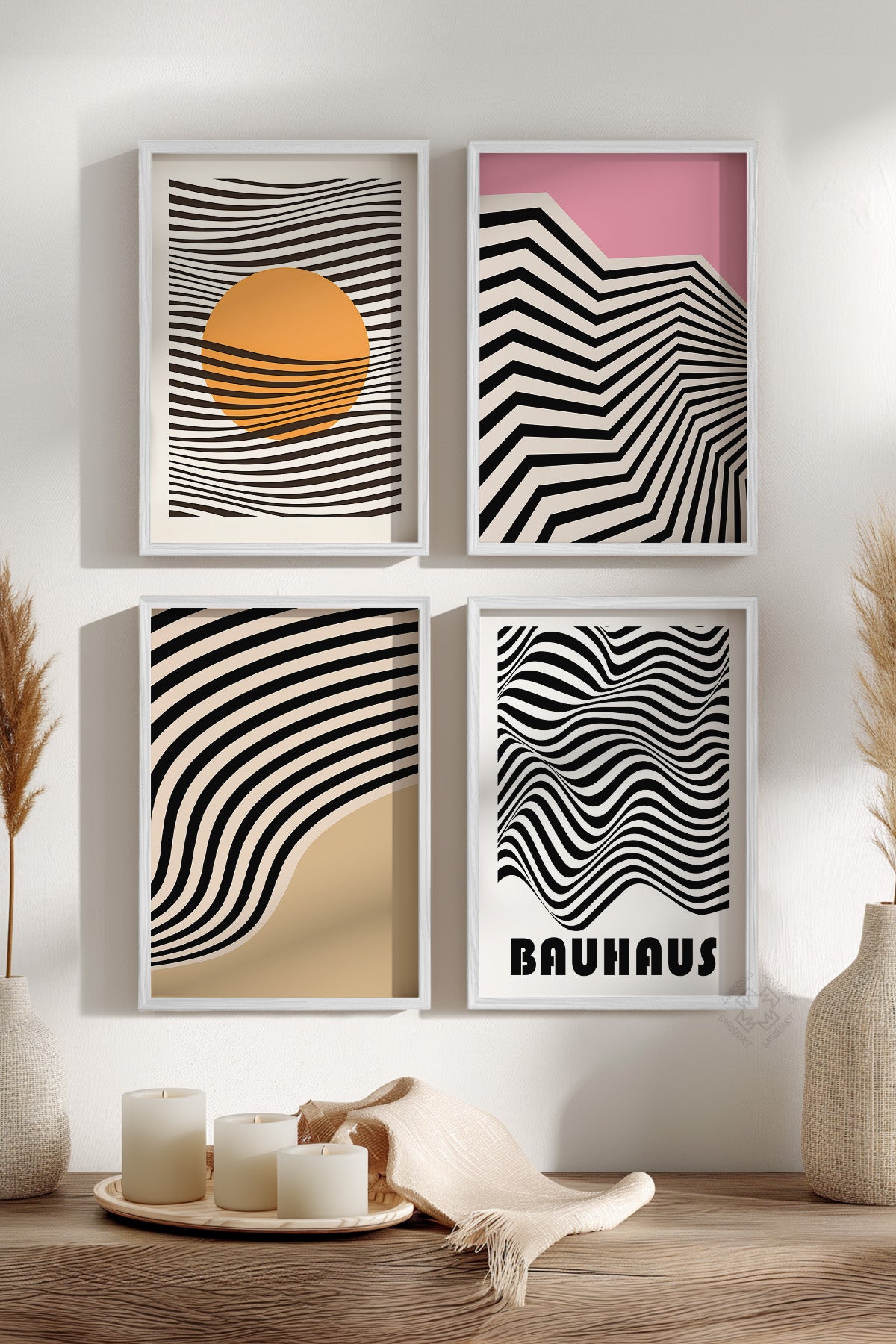 Bauhaus Minimalist 4'lü Beyaz Çerçeveli Poster, Tablo Seti No:29