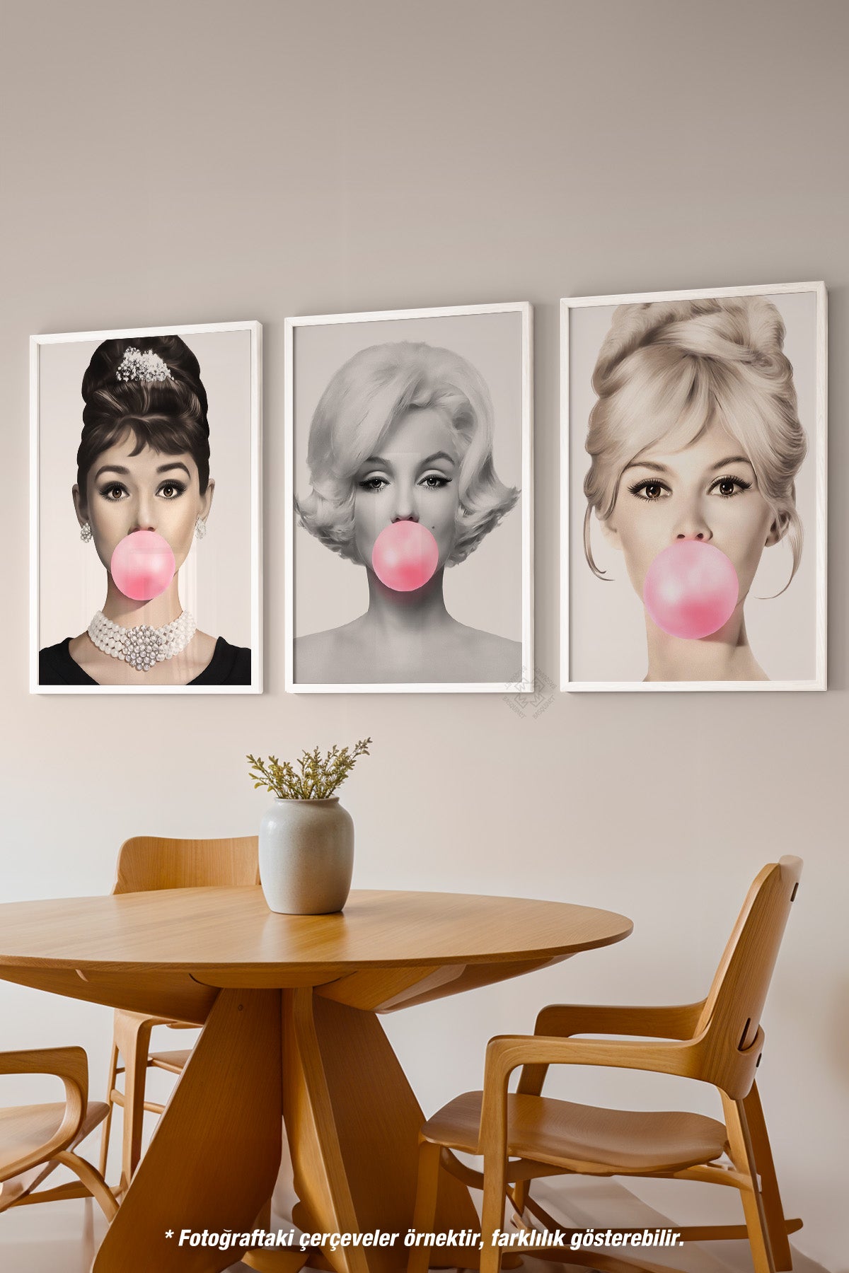 Hepburn, Monroe, Bardot 3'lü Beyaz Çerçeveli Poster, Tablo Seti No:28