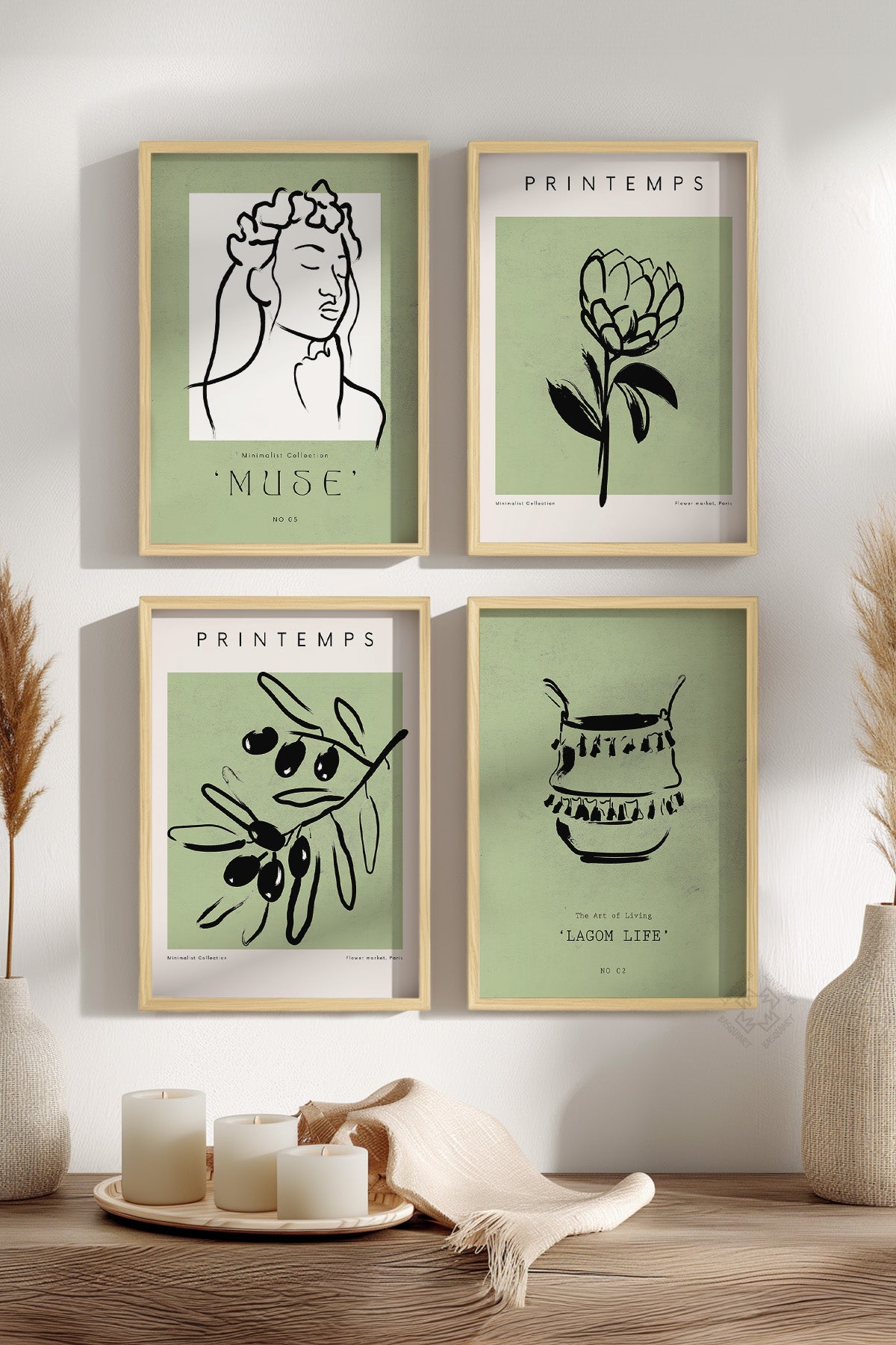 Yeşil Minimal 4'lü Ahşap Çerçeveli Poster, Tablo Seti No:10