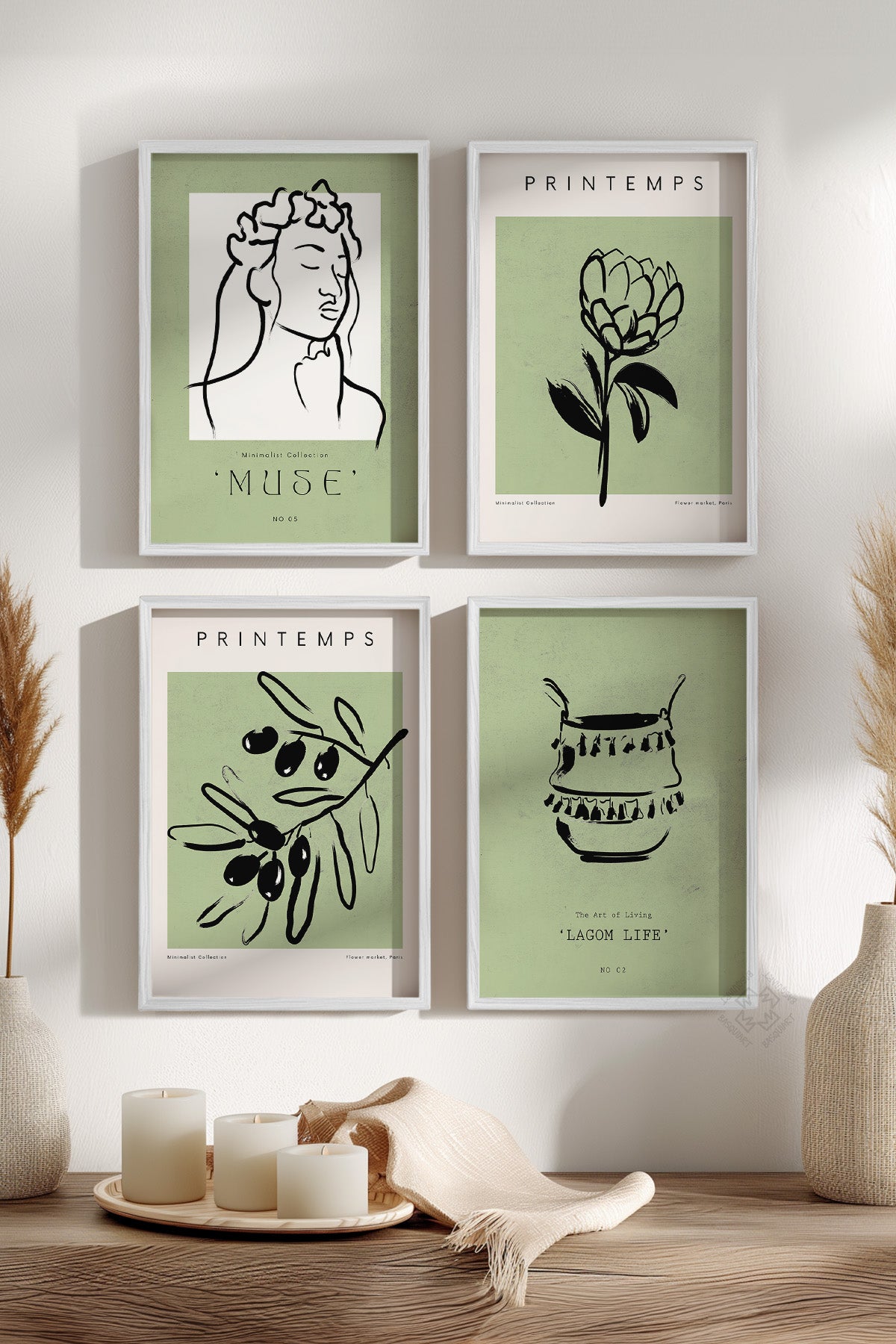 Yeşil Minimal 4'lü Beyaz Çerçeveli Poster, Tablo Seti No:10