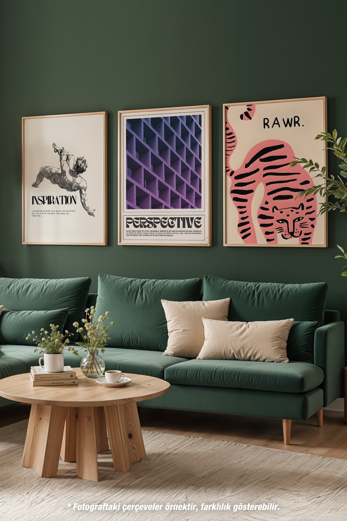 Modern 3'lü Ahşap Çerçeveli Poster, Tablo Seti No:50
