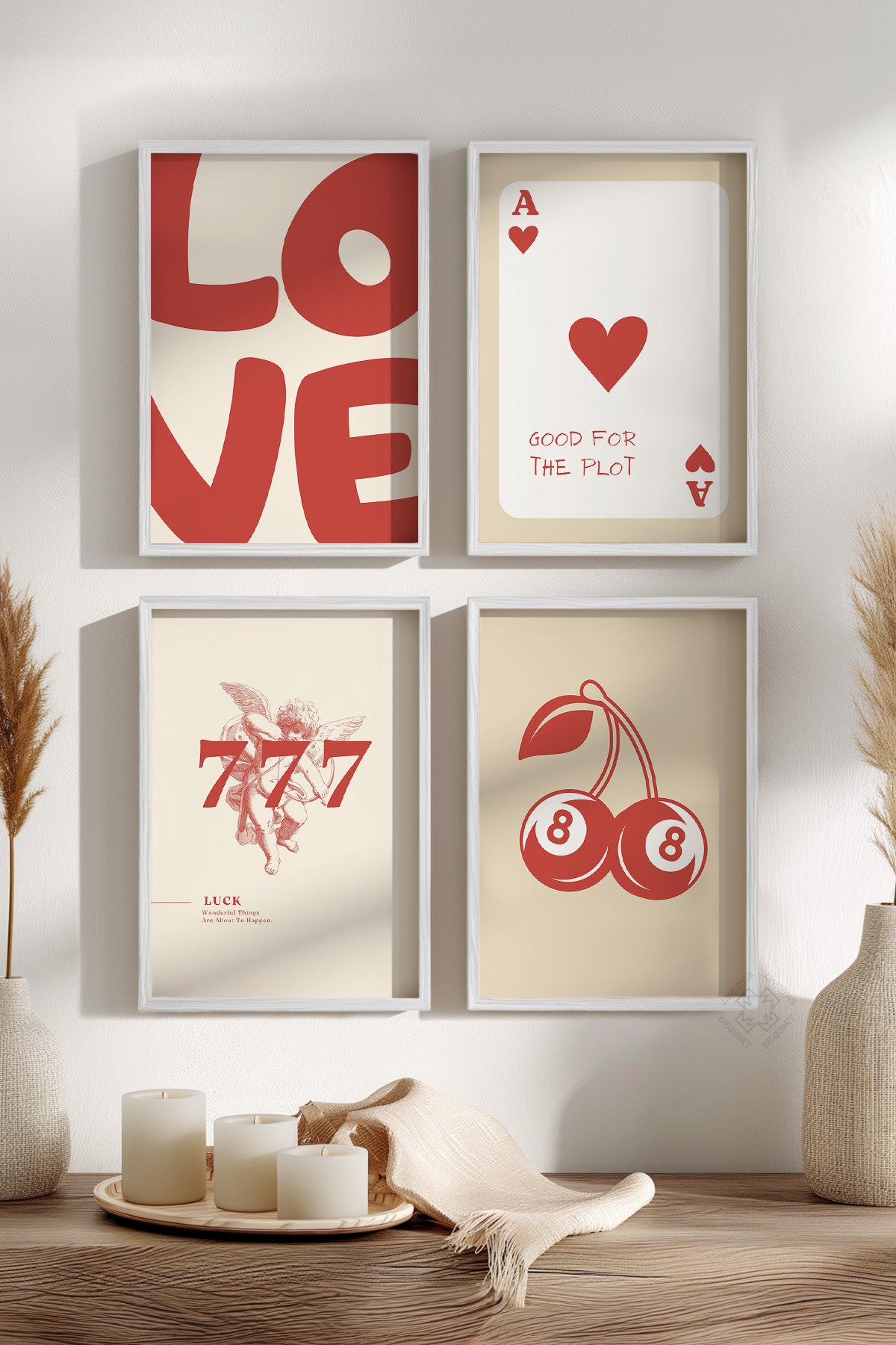 Şans, Aşk, İskambil 4'lü Beyaz Çerçeveli Poster, Tablo Seti No:59