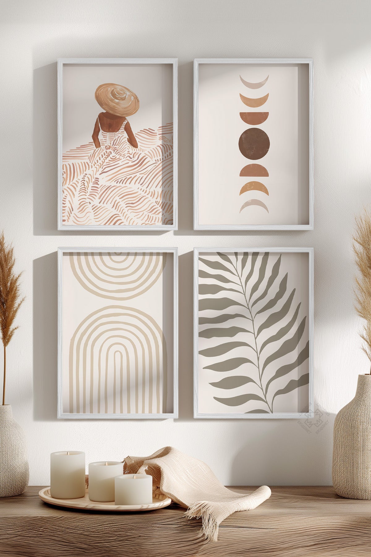 Boho Dekor 4'lü Beyaz Çerçeveli Poster, Tablo Seti No:2