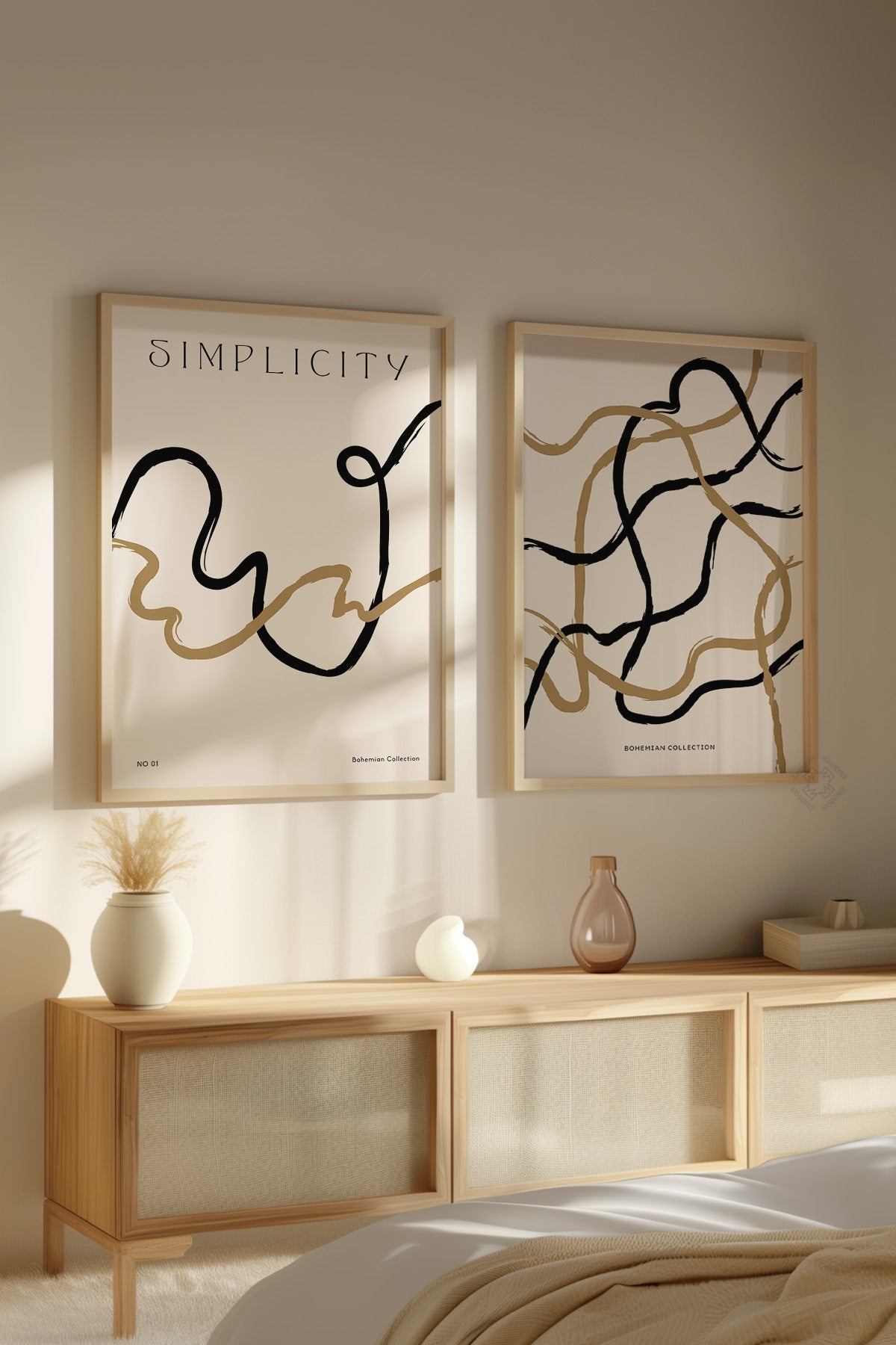 Minimal Sanatsal 2'li Ahşap Çerçeveli Poster, Tablo Seti No:20