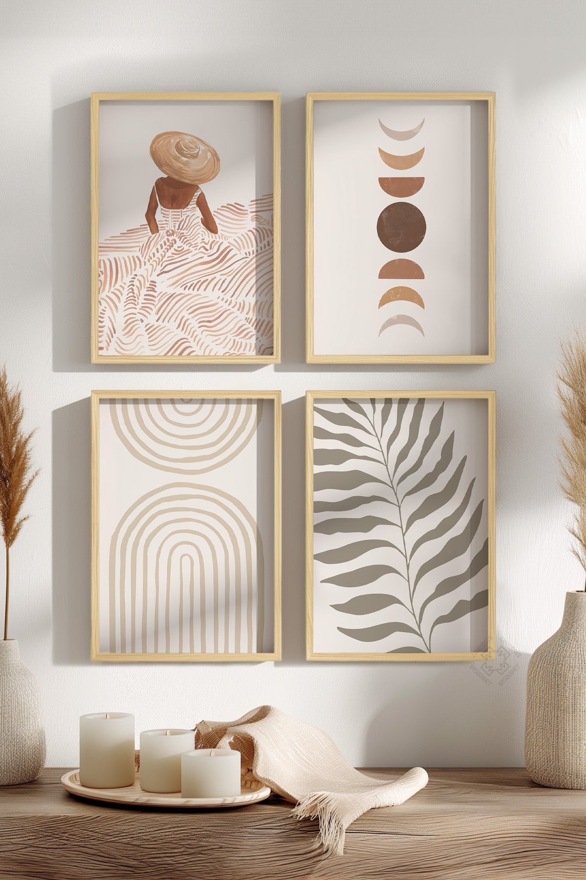 Boho Dekor 4'lü Ahşap Çerçeveli Poster, Tablo Seti No:2