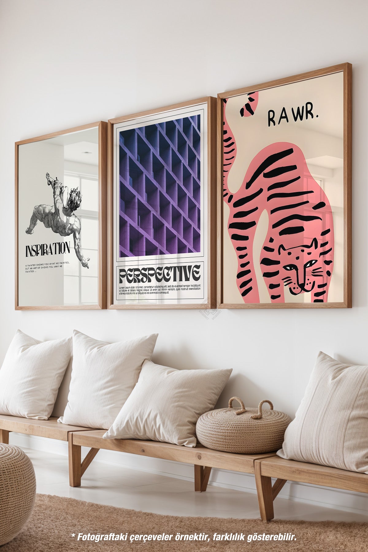 Modern 3'lü Ahşap Çerçeveli Poster, Tablo Seti No:50