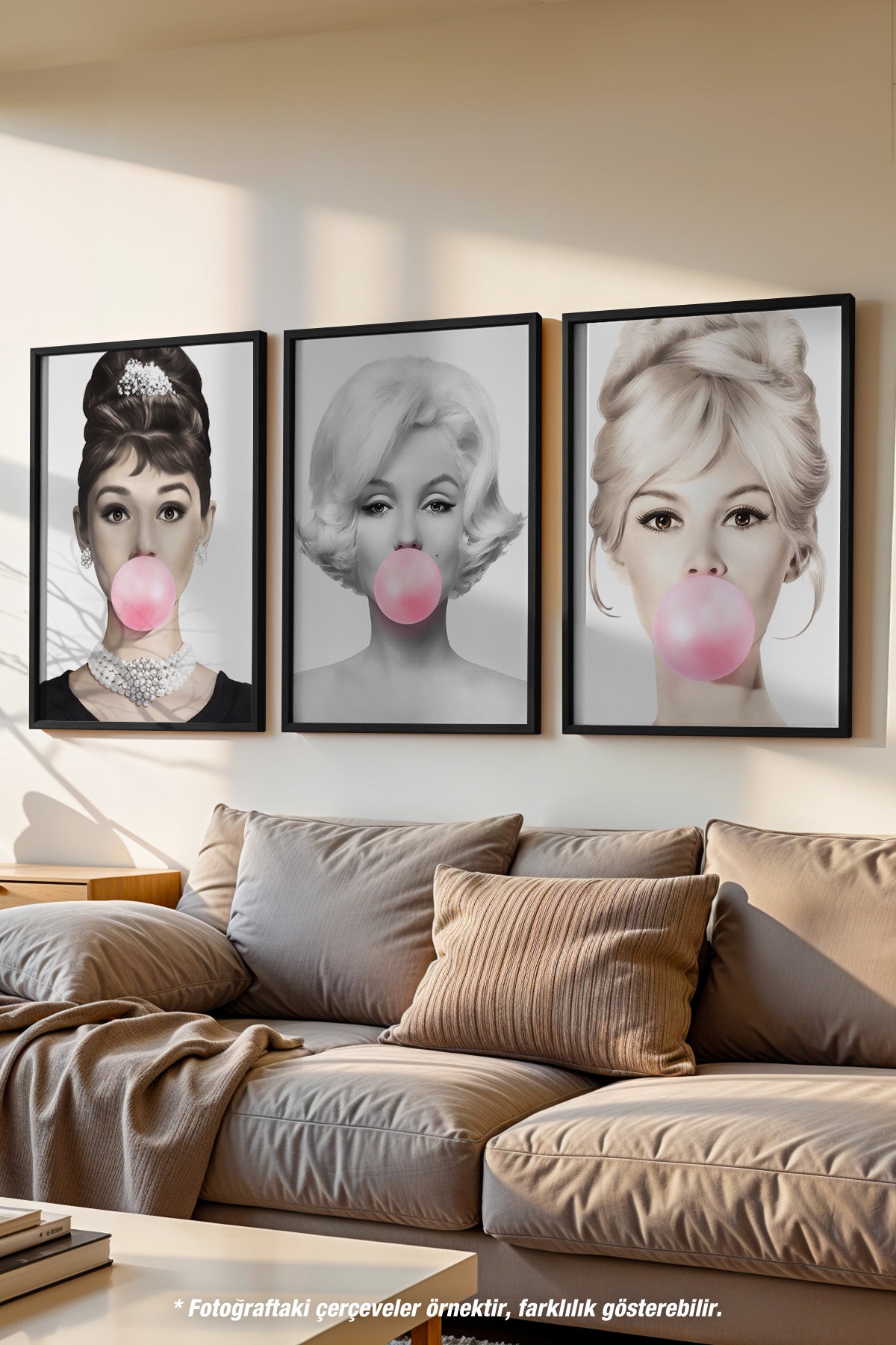 Hepburn, Monroe, Bardot 3'lü Siyah Çerçeveli Poster, Tablo Seti No:28