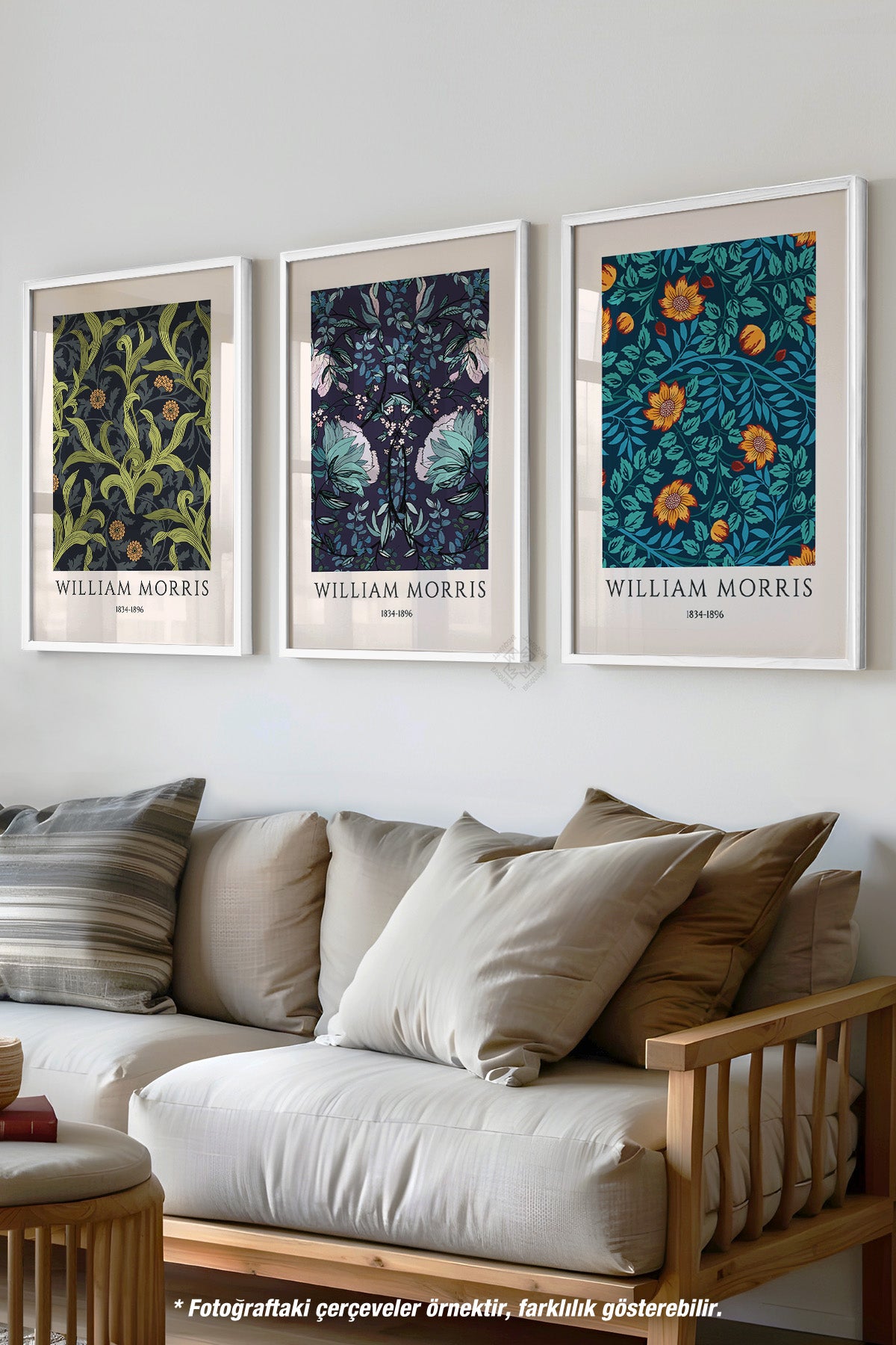 Çiçek Desenli Morris 3'lü Beyaz Çerçeveli Poster, Tablo Seti No:43