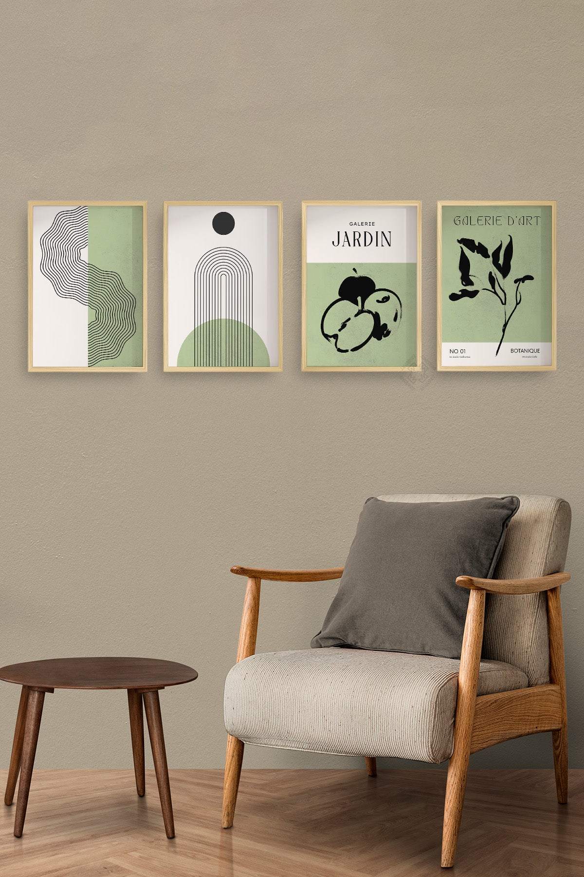 Yeşil Bohem Dekor 4'lü Ahşap Çerçeveli Poster, Tablo Seti No:8