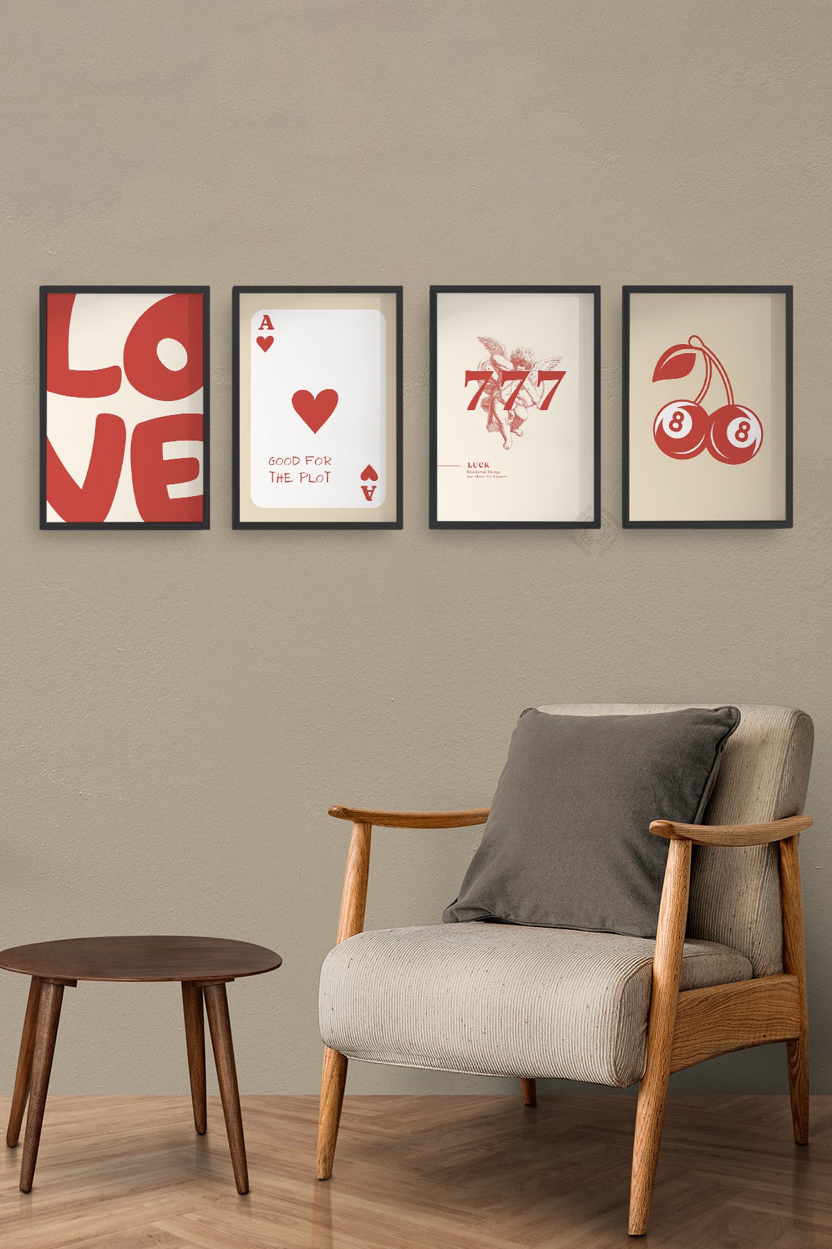 Şans, Aşk, İskambil 4'lü Siyah Çerçeveli Poster, Tablo Seti No:59