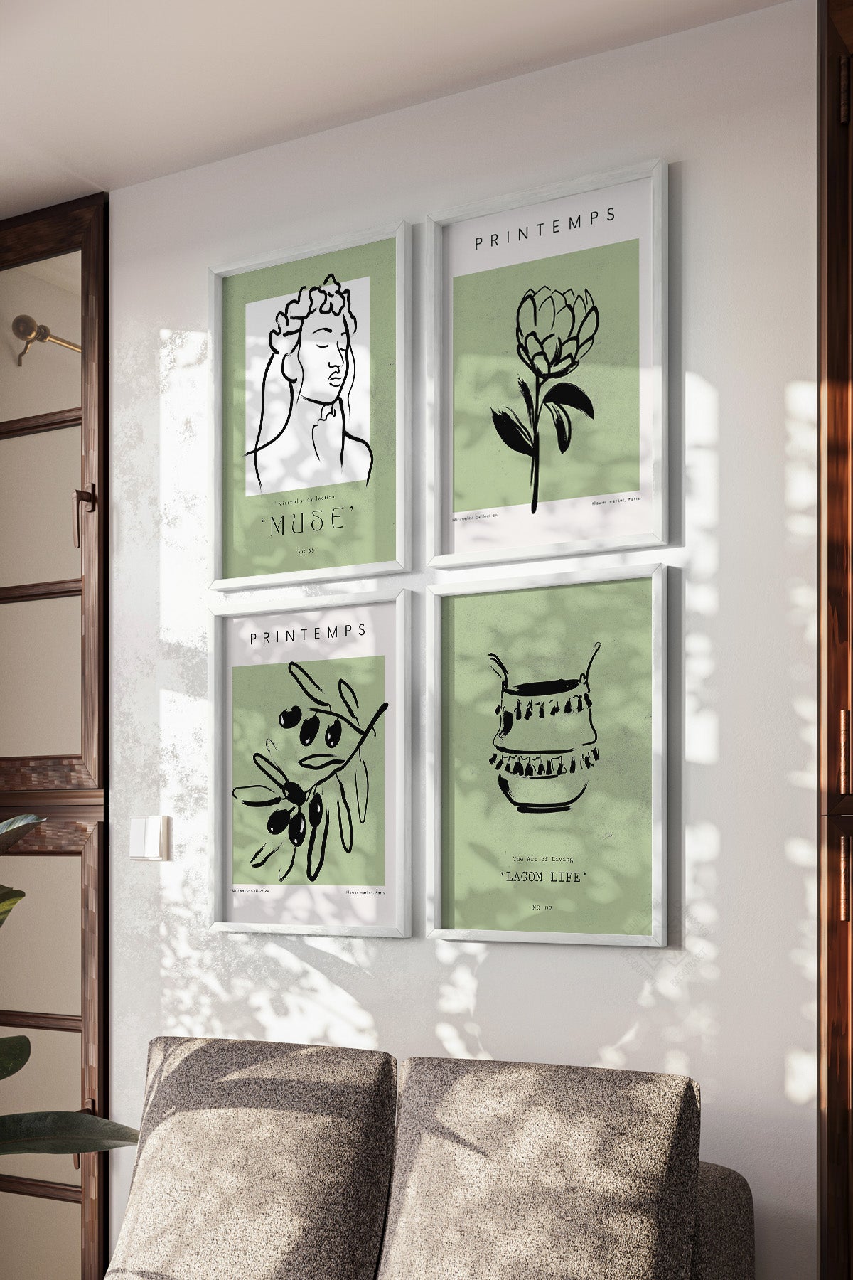 Yeşil Minimal 4'lü Beyaz Çerçeveli Poster, Tablo Seti No:10